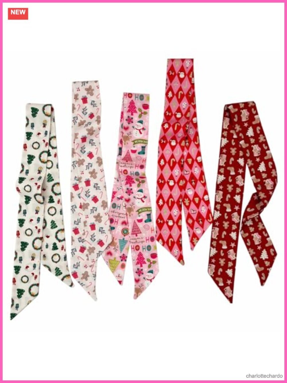 5 Pack Christmas Satin Neck Scarves Hair Bands Bag Handle Wrap Ribbon